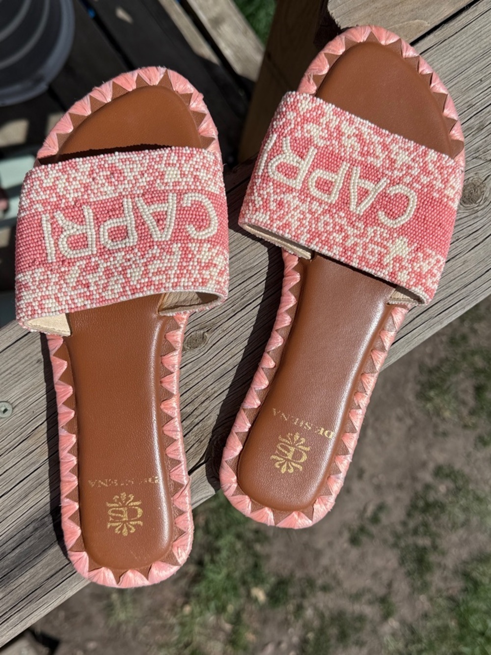 Beaded And Real Leather Slide Sandals - Pink/Tan - Picture 5 of 7